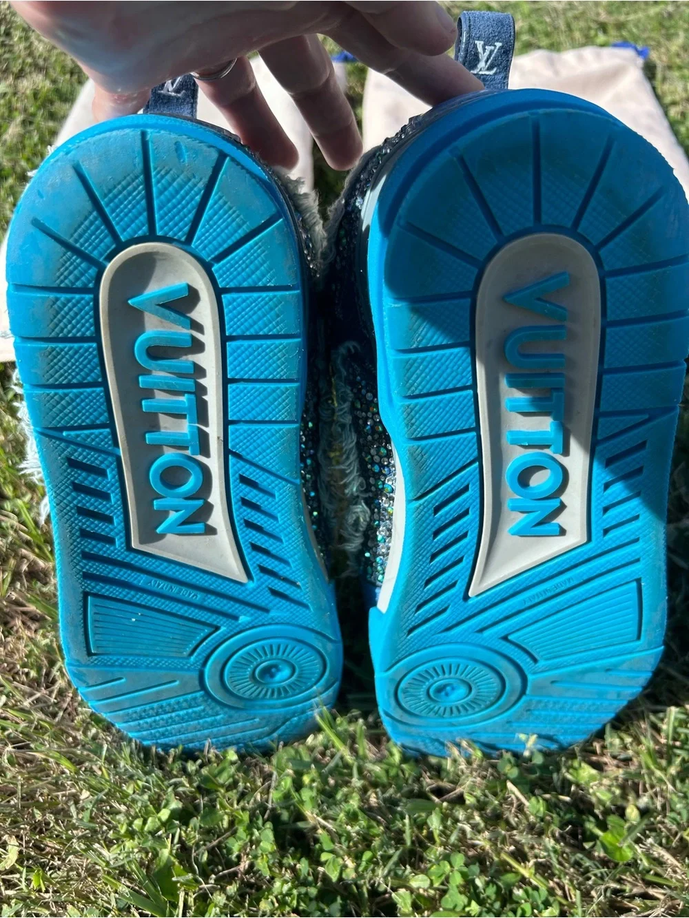 Louis Vuitton Kids Blue Denim LV Trainer Sneakers with Light Blue Accents